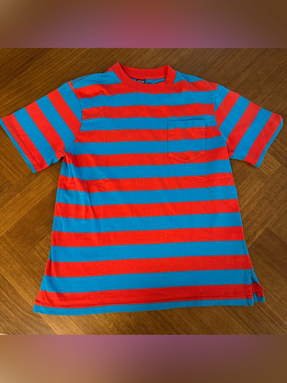 Vintage Lands End 100% Cotton Striped T Shirt Red & Teal Blue - Picture 5 of 6